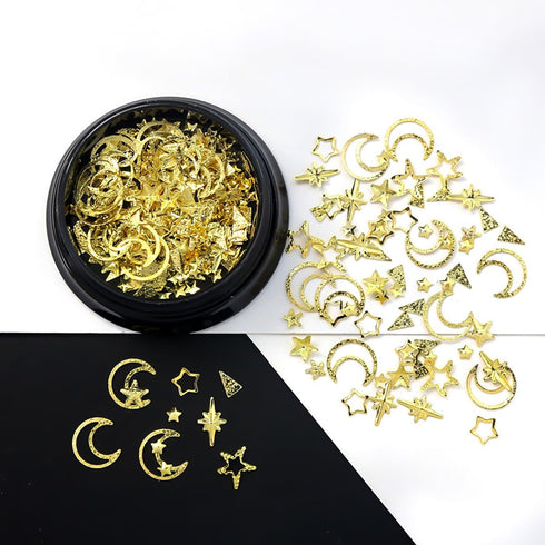 2 Box Gold Star Moon Nail Charms, 3D Metallic Studs Rhinestones for Women Girls Nail Art