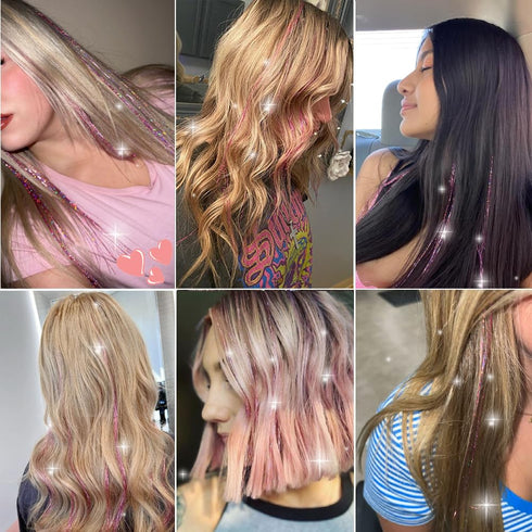 12Pcs Clip in Hair Tinsel, 23.6Inch Pink Glitter Hair Extensions, Heat Resistant Fairy Hair Kit