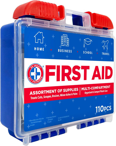Be Smart Get Prepared 110 pc First Aid Kit: Clean, Treat, Protect Minor Cuts, Home, Office, Car, School, Business, Travel, Emergency, Outdoor, Camping & Sports, FSA/HSA (Packaging may vary)