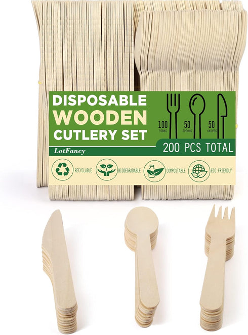 LotFancy Disposable Wooden Cutlery Set, Pack of 200 (100 Forks, 50 Spoons, 50 Knives), Eco-Friendly