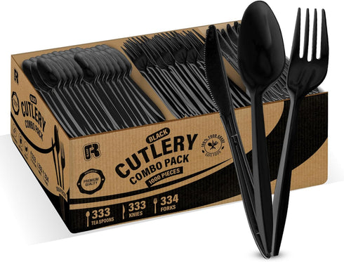 1000 Pcs Black Plastic Utensils Set, Disposable Forks, Spoons, Knives for 25 Guests, Packaging May Vary
