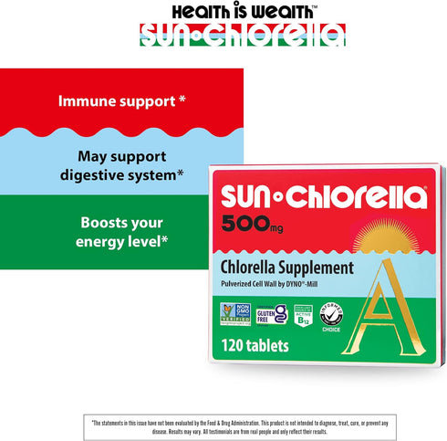 Sun Chlorella 500mg Whole Body Wellness Green Algae Superfood Supplement - 120 Tablets for Immune Defense and Gut Health