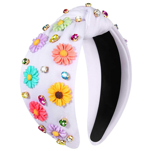 NVENF Flower Headbands for Women, Spring Summer Floral Knotted Headband with Crystal Rhinestones
