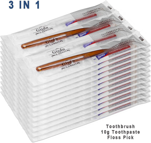 100 pcs Disposable Toothbrushes with Toothpaste Floss, Individually Wrapped, 10g Toothpaste for Homeless, Airbnb, Hotel