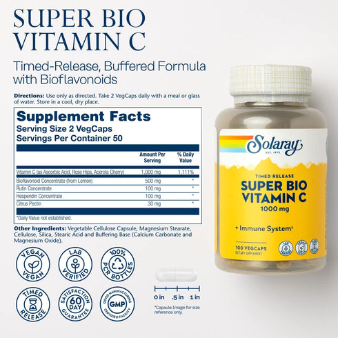 SOLARAY Super Bio Buffered Vitamin C 1000mg, Timed Release with Bioflavonoids, Immune Support, 100 VegCaps