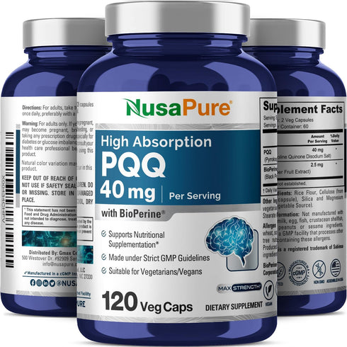 NusaPure PQQ Supplement 40 mg, 120 Veggie Capsules, Non-GMO