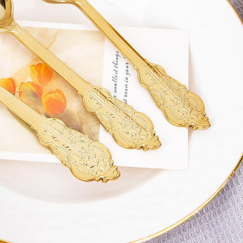 WDF 100 Piece Gold Plastic Spoons, 6.93 Inch Heavy Duty Disposable Silverware for Dessert Cake, Party or Daily Use