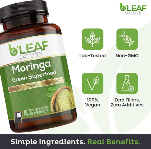 B'LEAF NATURE Organic Moringa Pure Capsules - 1000mg, 180 Count for Immune Support, Energy & Balance