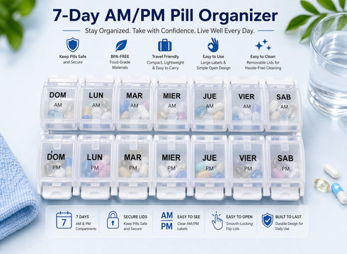 ODSD 7 Healthaccessories Spanish Pill Box Day Twice-a Day AM PM Weekly Pill Planner Organizer - Large Compartment Pill