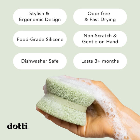 Dotti Super Scrubber Silicone Sponge - 3 Pack, Sage, Odor-Free, Non-Scratch, Fast-Drying, Dishwasher-Safe
