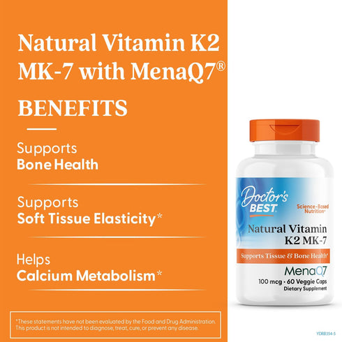 K2 MK7 100 K-2 MK-7 MenaQ7, 60 Doctor's Best Natural Vitamin Supplement for Men & Women - Bone Health Support, mcg