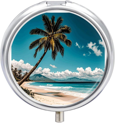 LPSADGF Palm Tree Hawaii Beach Medicine Pill Case, 3 Compartment Round Pill Box,