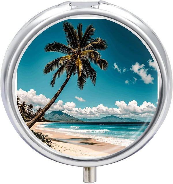 LPSADGF Palm Tree Hawaii Beach Medicine Pill Case, 3 Compartment Round Pill Box,