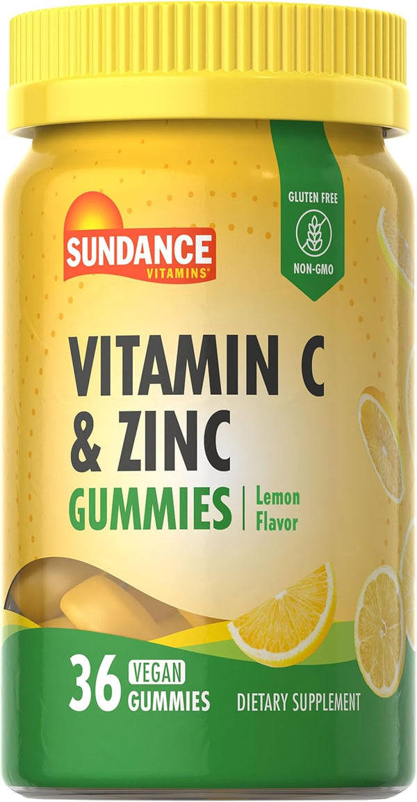 Sundance Vitamin C and Zinc Gummies, 36 Count, Lemon Flavor, Vegan, Non-GMO, Gluten Free Supplement