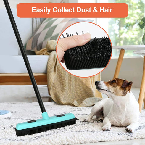 Rubber Broom Carpet Rake for Pet Hair Removal, Fur Remover Broom with 59" Telescoping Long Handle, Pet Hair Broom with Squeegee for Carpet, Hardwood Floor, Tile by KeFanta