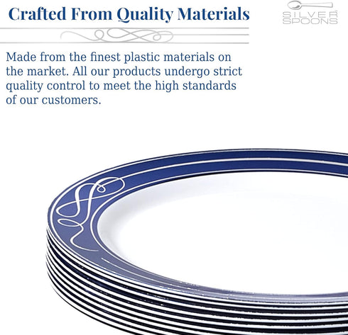 SILVER SPOONS Elegant Disposable Plates - (10 Piece) Heavy Duty Dessert Set 7.5”, Fine Dining Plastic Dishes, Blue