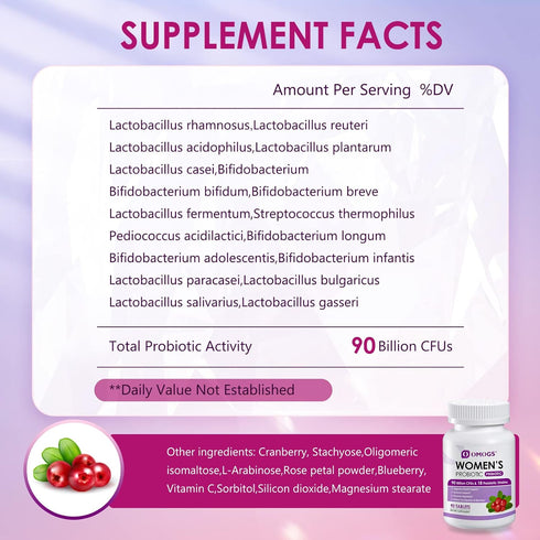 Women's Probiotic with Cranberry Extract, Organic Prebiotics & Vitamin C, 90 Billion CFUs, 90 Tablets