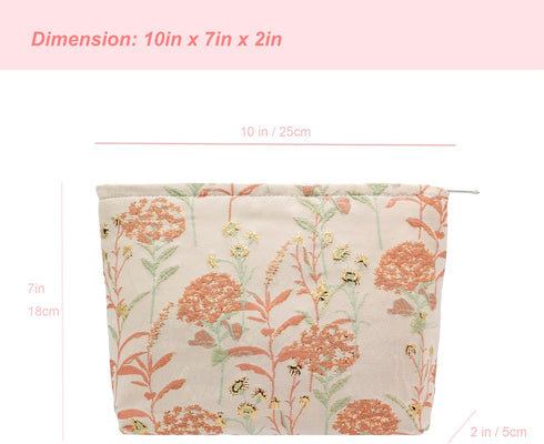 PAZIMIIK Large Zipper Makeup Bags for Purse, Travel Canvas Cosmetic Pouch, Brocade Flower Pink Organizer for Women and