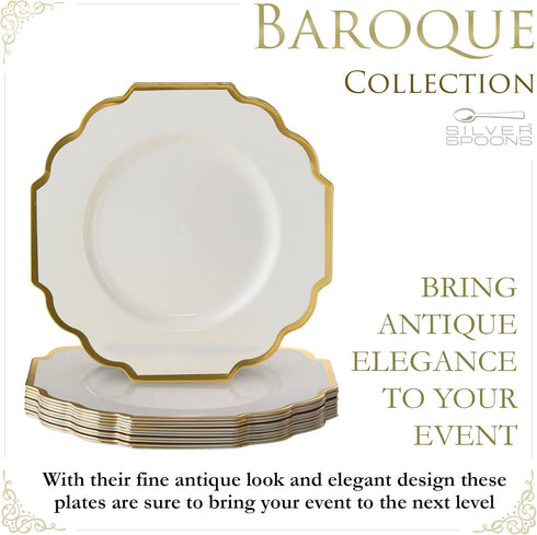 SILVER SPOONS Elegant Disposable Plates - (10 pc) Heavy Duty Salad Plates 8.25”, Fine Dining Plastic Dishes, Ivory/Gold