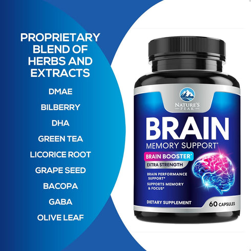 Brain Supplements for Memory and Focus, Nootropic Support for Concentration, 60 Capsules