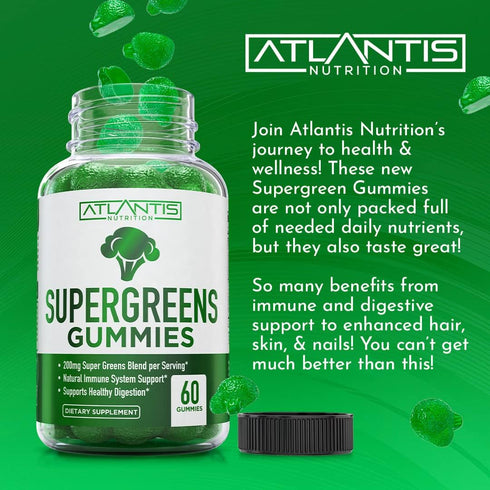 Supergreens Gummies, Daily Green Superfoods Supplement with Spinach, Broccoli, Moringa, 60 Gummies