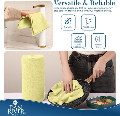 Dan River Tear Away Microfiber Cleaning Towel Roll - 30 Pack, 12x12 Inch Reusable Cloths for Scratch-Free Cleaning