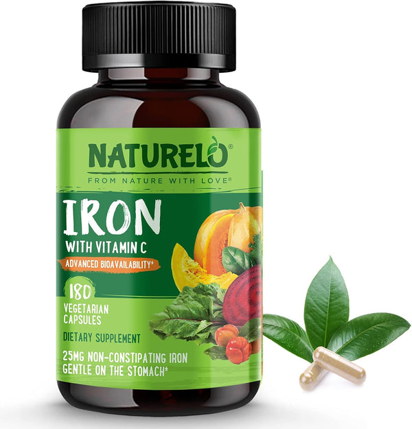 NATURELO Vegan Iron Supplement with Vitamin C and Organic Whole Foods - Gentle Iron Pills for Women & Men, 180 Mini