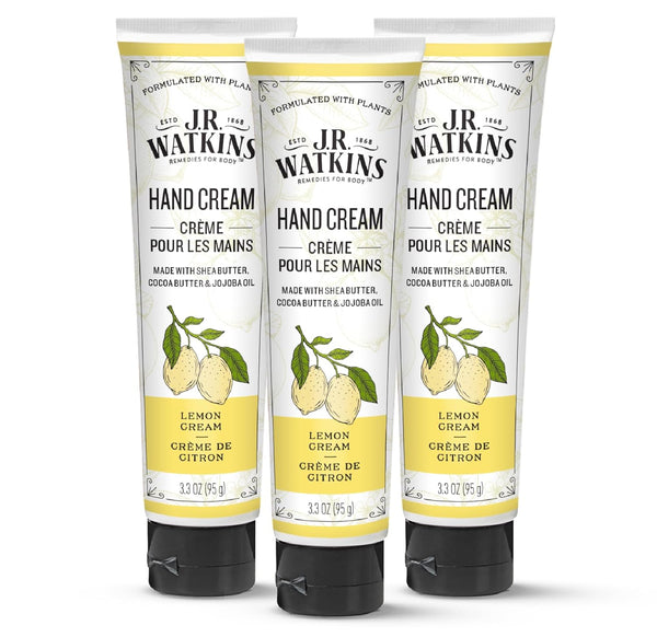 J.R. Watkins Natural Moisturizing Hand Cream, Hydrating Shea Butter, Cocoa Butter, Avocado Oil, 3.3oz, Lemon Cream, 3