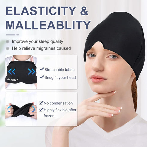 Migraine Relief Gel Ice Head Wrap - Hot and Cold Therapy Hat for Headache and Sinus Relief (Black & Blue)