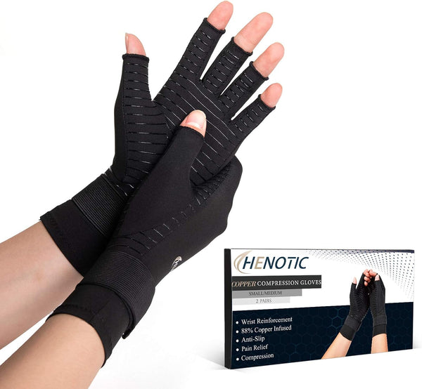 2 Pairs Copper Arthritis Gloves for Women Men, Wrist Reinforcement Fingerless Compression Gloves for Relieving Joint