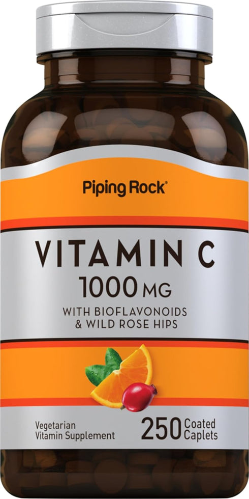 Piping Rock Vitamin C 1000mg | 250 Caplets | with Bioflavonoids & Rose Hips | Vegetarian, Non-GMO, Gluten Free