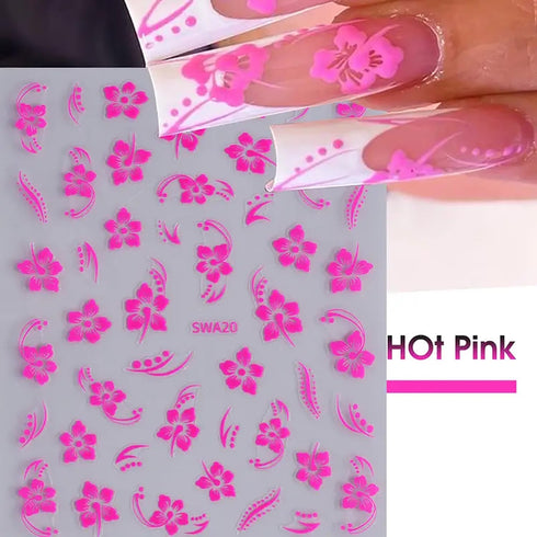 4Pcs Flower Nail Stickers for Nail Art, 3D Self-Adhesive Hibiscus Decals in White Pink Yellow for Women DIY Manicure