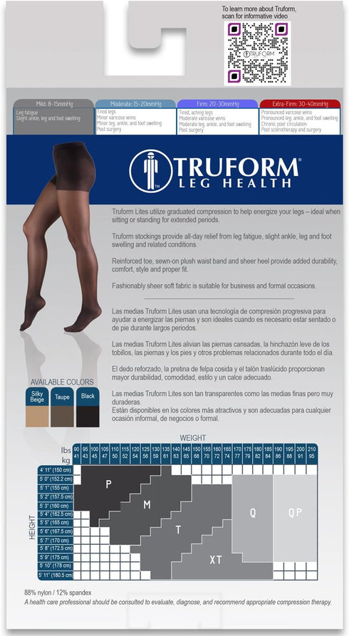 Truform Women's Shaping Tights, 8-15 mmHg, 20 Denier, Black, Queen Plus Compression Pantyhose