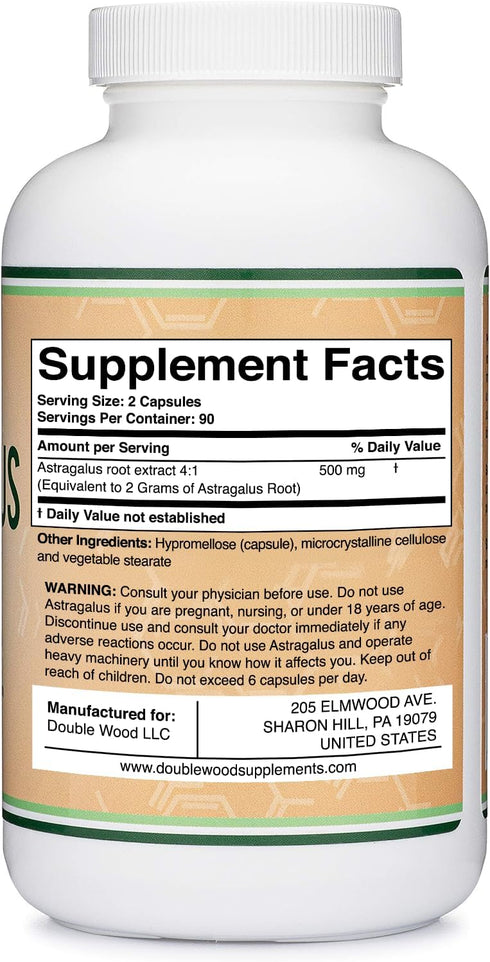Double Wood Supplements Immune Boosting Astragalus 500mg 180 Capsules - Non-GMO, Gluten Free, Third Party Tested