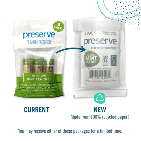 Preserve Toothpicks, Natural Mint Tea Tree Flavored for Fresh Breath, Sustainably Harvested Birch Wood - 3 Travel Cases