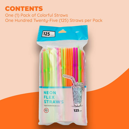 Jacent Flexible Disposable Drinking Straws, 125 Count Neon Bendy Plastic Straws for Summer Drinks & Crafts