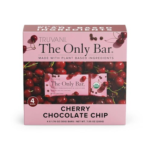 Truvani Plant Based Snack Bar - Cherry Chocolate Chip 4 Pack, 5g Protein, USDA Organic, Vegan, Gluten Free