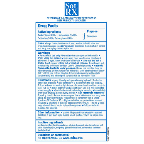 SolRX SPORT SPRAY SPF 50 Sunscreen, Reef Friendly, Broad Spectrum for Face and Body, Oxybenzone Free