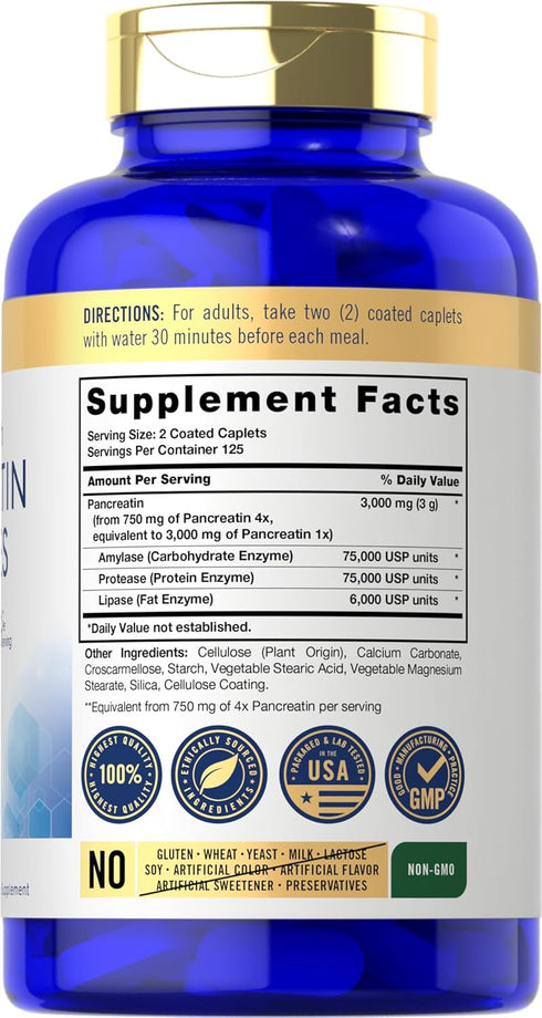 Carlyle Pancreatin Digestive Enzymes | 3000mg | 250 Caplets | Non-GMO, Gluten Free | High Potency Formula