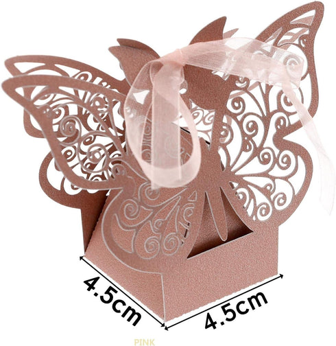 Auto-plaza 50 Pieces Butterfly Laser Cut Favor Boxes, DIY Wedding Birthday Gift Candy Boxes with Ribbons, Pink