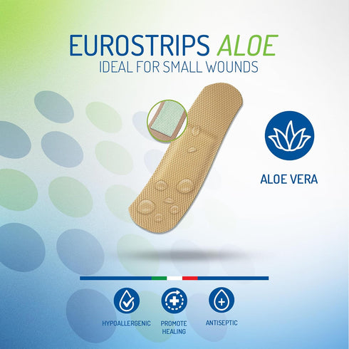 Eurostrips Aloe Adhesive Bandages, Medium & Large with Aloe Vera Central Pad, Breathable, Hypoallergenic, 20 Pieces
