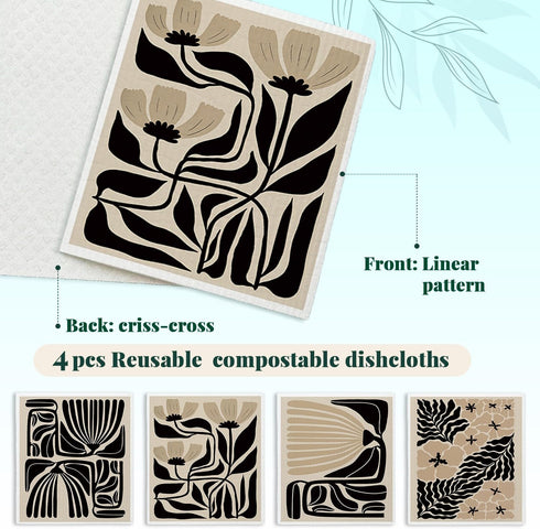 LARTSFRO 4 Swedish Dishcloths for Kitchen, Floral Boho Botanical Swedish DishCloths, Papaya Reusable Paper Towels