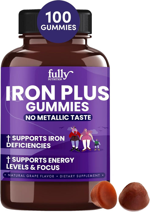 Iron Gummies Supplements for Adults and Kids – Grape Flavor - 100 Count | Supports Anemia, Energy and Focus Levels