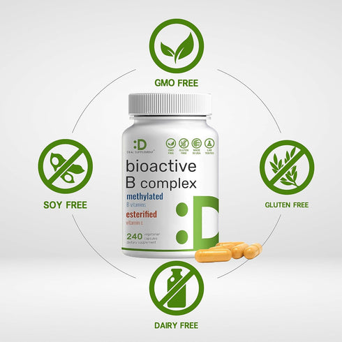 Bioactive Vitamin B Complex, 240 Veggie Capsules - Methylated B Vitamins, Esterified Vitamin C, High Potency, Immune &