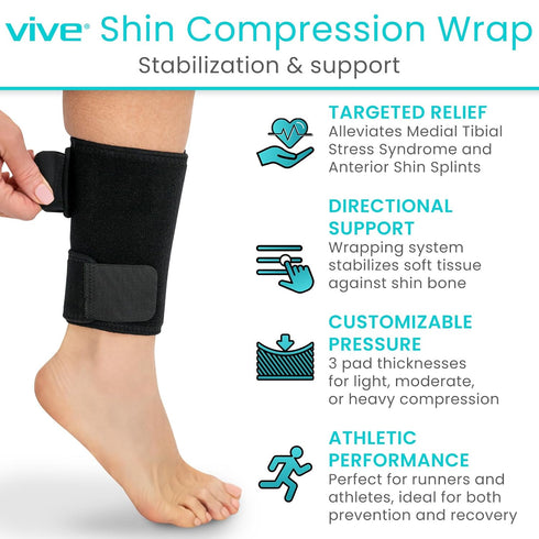 Vive Shin Splint Compression Wrap (Pair) - Adjustable Brace for Pain Relief, Support and Recovery - Lower Calf