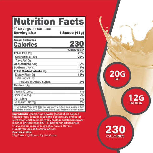 Ketologic Keto Meal Replacement Shake Powder, Optimal Results + MCT Oil + Grass-Fed Whey, 20 Servings, Vanilla