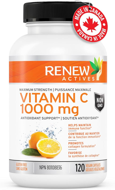 Renew Actives Maximum Strength Vitamin C 1000MG - Antioxidant & Immune Booster for Overall Health, Strong Bones, Teeth & Gums - Non-GMO, Sugar Free, 4-Month Supply (120 Vegan Capsules)