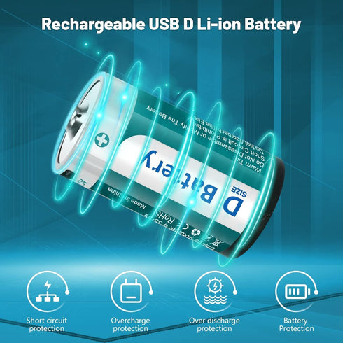 2 Pack Rechargeable Lithium D Cell Batteries with USB 4 in 1 Charging Cable, 1.5V LR20 Battery Replacement for Toys