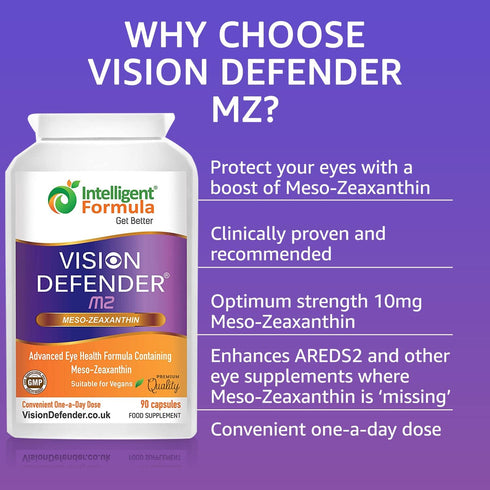 Vision Defender Meso Zeaxanthin Vegan Eye Supplement MZ- Protect and Improve Ocular Health & Eye Care, High Strength Antioxidant Carotenoid Meso-Zeaxanthin for Eyes (90 capsules/One-A-Day) Made in UK