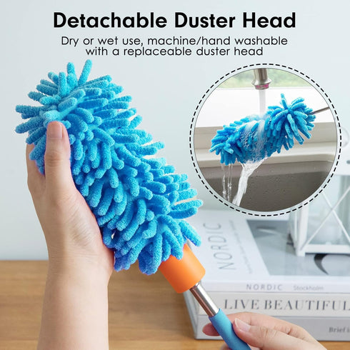 Microfiber Duster for Cleaning, Tukuos Hand Washable Duster with 2 Replaceable Heads, Extendable Pole for Home